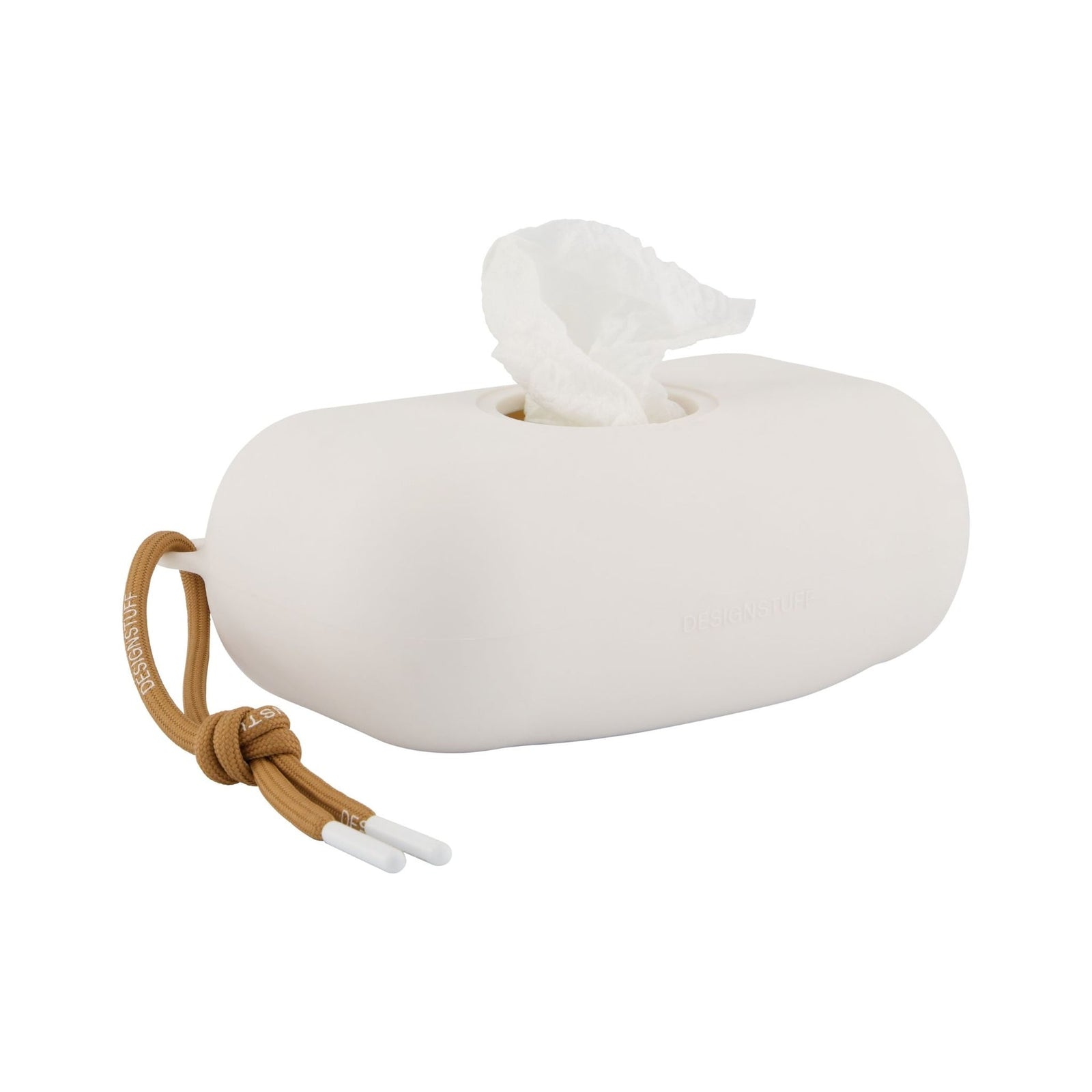 White stone with a brown rope on a white background