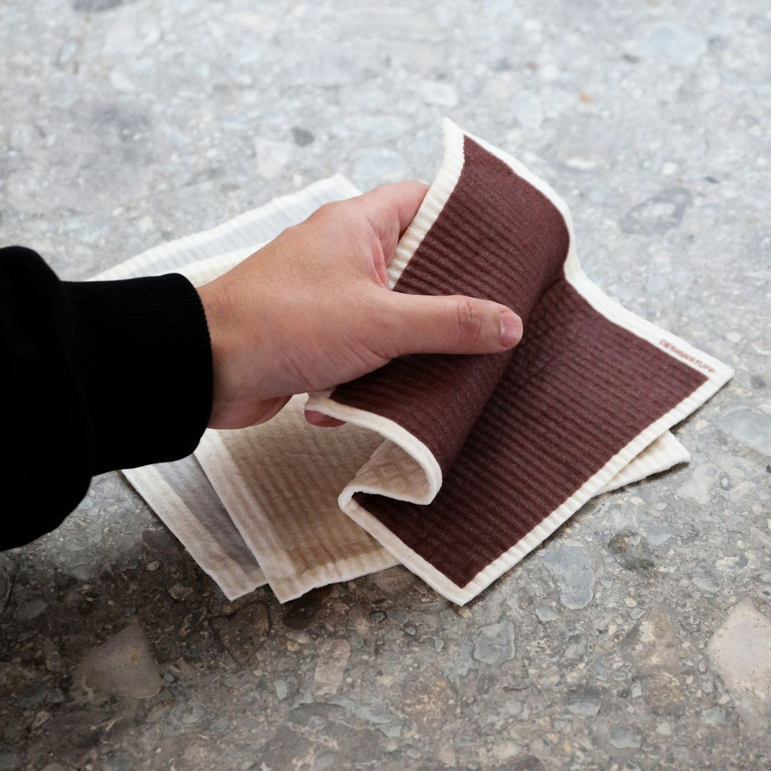 DESIGNSTUFF ETTA Compostable Dishcloth, Burgundy/Sand/Light Grey (Set of 3)