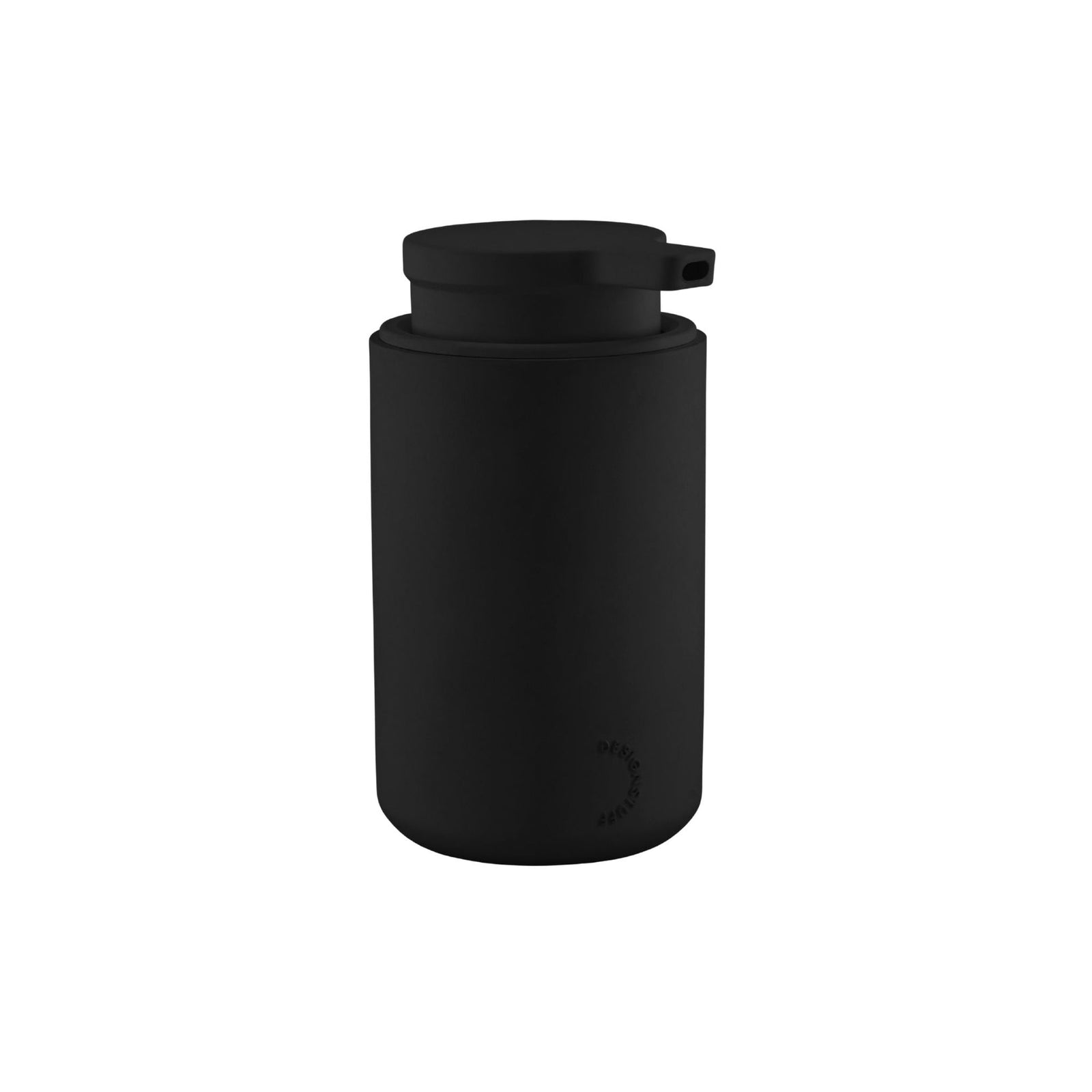 Black soap dispenser on a white background