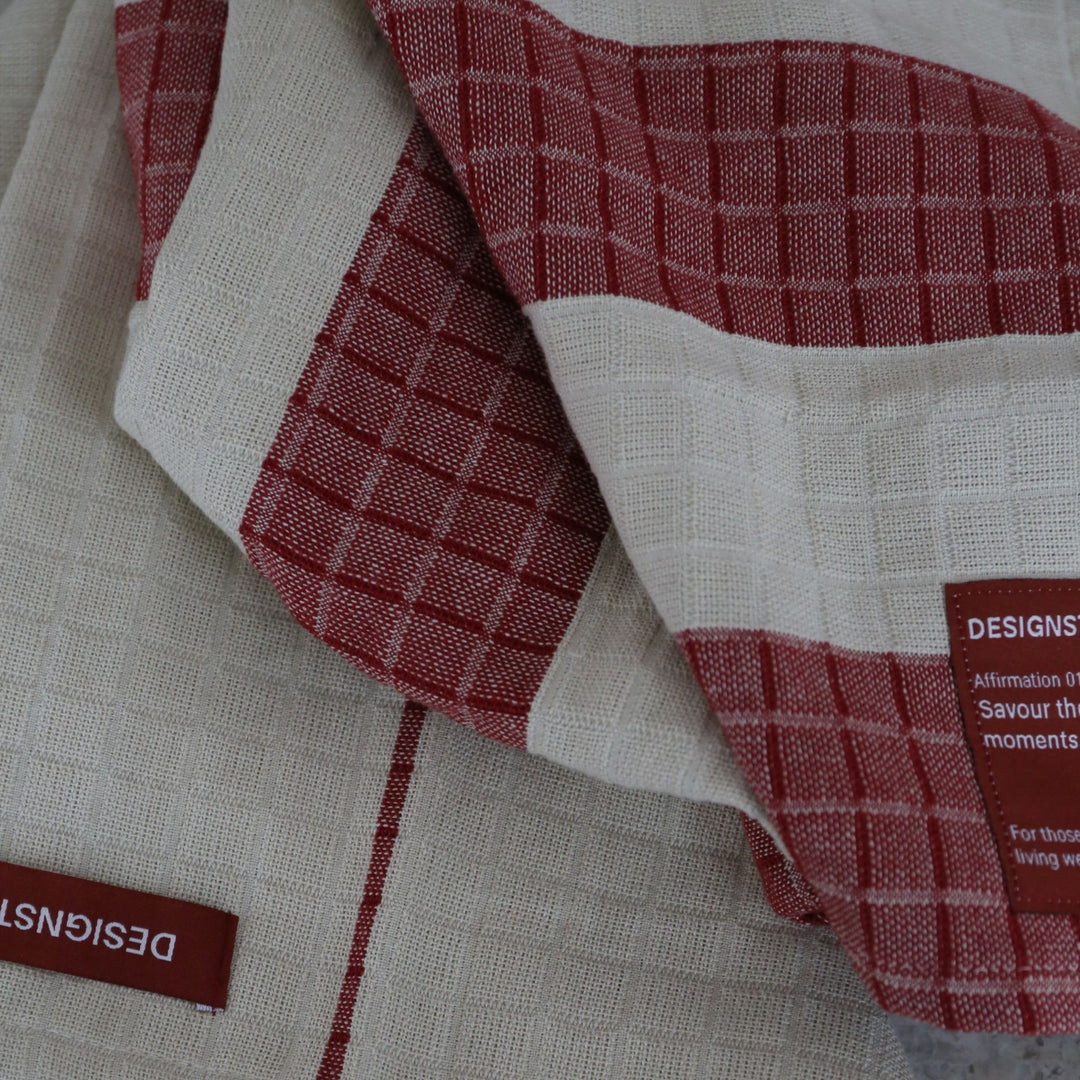 DESIGNSTUFF ETTA Mull Geschirrtuch Block, Burgundy/Sand